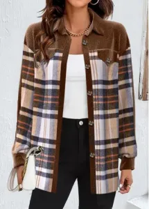 Modlily Light Coffee Patchwork Plaid Long Sleeve Coat - L