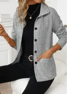 Modlily Light Grey Pocket Long Sleeve Turn Down Collar Coat - L