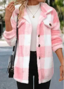 Modlily Light Pink Button Plaid Long Sleeve Coat - L