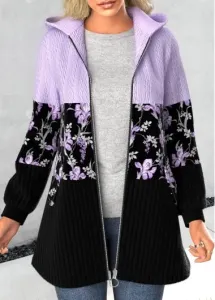 Modlily Light Purple Patchwork Floral Print Long Sleeve Hooded Coat - XL