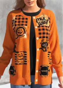 Modlily Orange Button Halloween Print Long Sleeve Coat - L