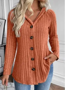 Modlily Orange Button Long Sleeve Hooded Coat - L