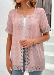 Modlily Pink Lace Short Sleeve Round Neck Topper - M
