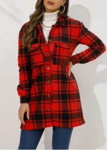 Modlily Red Button Plaid Long Sleeve Coat - S