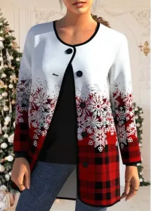 Modlily Red Button Snowflake Print Long Sleeve Coat - L