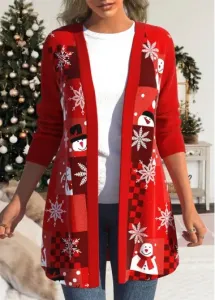Modlily Red Patchwork Christmas Snowman Print Long Sleeve Coat - L