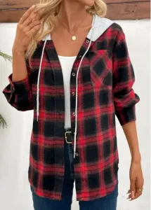 Modlily Red Patchwork Plaid Long Sleeve Hooded Coat - 2XL