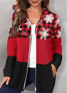 Modlily Red Pocket Christmas Print Long Sleeve Hooded Coat - L