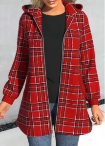 Modlily Red Pocket Plaid Long Sleeve Hooded Coat - L