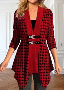 Modlily Wine Red Patchwork Plaid Long Sleeve Coat - L