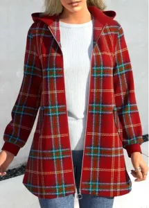 Modlily Wine Red Patchwork Plaid Long Sleeve Hooded Coat - L