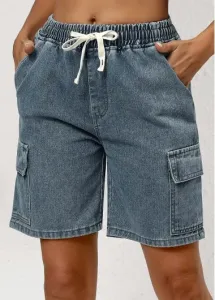 Modlily Denim Blue Pocket Elastic Waist Mid Waisted Shorts - S