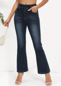 Modlily Denim Blue Pocket Flare Leg Elastic Waist Jeans - 2XL