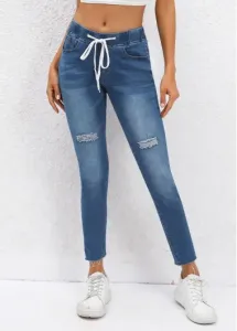 Modlily Dark Blue Pocket Skinny Drawastring Mid Waisted Jeans - S