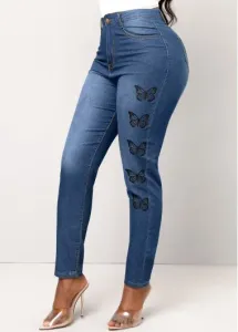 Modlily Denim Blue Double Side Pockets Butterfly Print Jeans - M