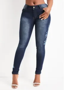 Modlily Denim Blue Embroidery Floral Print Skinny Zipper Fly Jeans - M