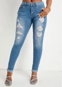 Modlily Denim Blue Hole Skinny Zipper Fly Jeans - S