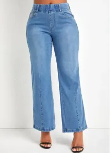 Modlily Denim Blue Pocket Flare Leg Elastic Waist Jeans - 2XL #1262881