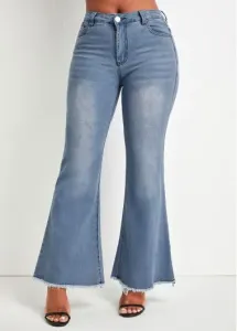 Modlily Denim Blue Pocket Flare Leg Zipper Fly Jeans - 3XL