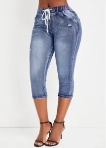 Modlily Denim Blue Pocket Skinny Drawastring Mid Waisted Jeans - L