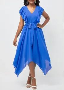 Modlily Asymmetric Hem Belted V Neck Blue Dress - M
