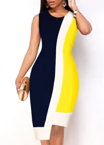 Modlily Asymmetric Hem Yellow Sleeveless Contrast Dress - M