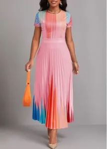 Modlily Pink Pleated Ombre Short Sleeve Round Neck Maxi Dress - M