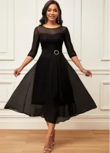 Modlily Black Belted Chiffon Wedding Guest Dresses Layered Hem 3/4 Sleeve Semi Formal Black Dress - M
