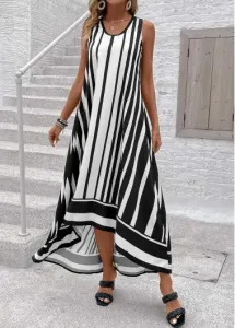 Modlily Black Breathable Striped High Low A Line Sleeveless Dress - XXL