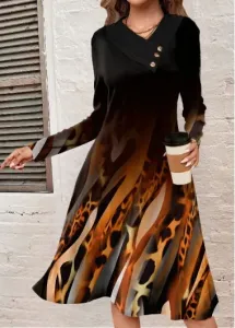 Modlily Black Button Leopard A Line Long Sleeve Dress - M