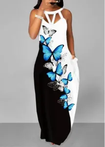 Modlily Black Cage Neck Butterfly Print Maxi Dress - L
