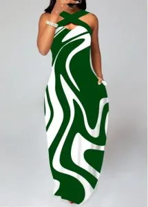 Modlily Green Criss Cross Geometric Print Maxi Dress - S