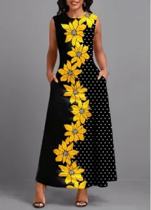 Modlily Black Double Side Pockets Floral Print Sleeveless Maxi Dress - M