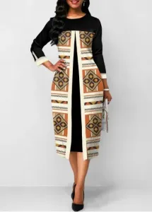 Modlily Black Fake 2in1 Tribal Print A Line Dress - XL