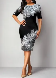 Modlily Black Floral Print Half Sleeve Round Neck Bodycon Dress - L
