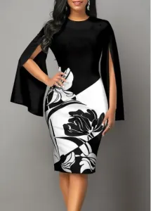 Modlily Black Floral Print Long Sleeve Round Neck Dress - M