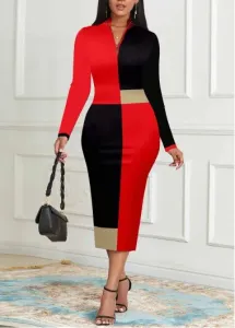 Modlily Black Geometric Print Stand Collar Bodycon Dress - XL