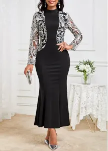 Modlily Black Lace Long Sleeve Round Neck Dress - S