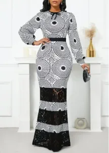 Modlily Black Lace Tribal Print Long Sleeve Maxi Bodycon Dress - M
