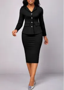 Modlily Black Long Sleeve Lapel Button Up Two Piece Suit Dress Work Dress - XL