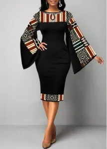 Modlily Black Patchwork African Tribal Print Bodycon Dress - M