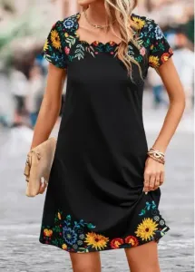 Modlily Black Patchwork Floral Print Shift Dress - 3XL