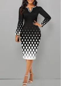 Modlily Black Patchwork Geometric Print Long Sleeve Dress - S