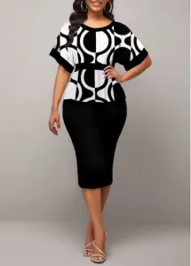 Modlily Black Patchwork Geometric Print Short Sleeve Dress - S