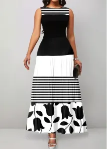 Modlily Black Patchwork Geometric Print Sleeveless Maxi Dress - M