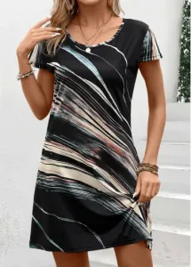Modlily Black Patchwork Multi Stripe Print Short Shift Dress - 2XL