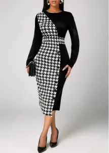 Modlily Black Patchwork Plaid Long Sleeve Round Neck Dress - XL