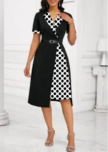 Modlily Black Patchwork Polka Dot Short Sleeve Lapel Dress - XL