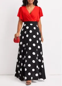 Modlily Black Patchwork Polka Dot Short Sleeve Maxi Dress - L