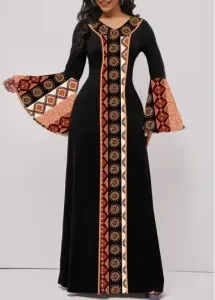 Modlily Black Patchwork Tribal Print Long Sleeve Maxi Dress - XL